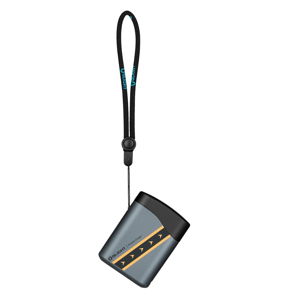 Olight Baton 4 Premium Fighter Pilot wireless charging case hanging from lanyard for portable power