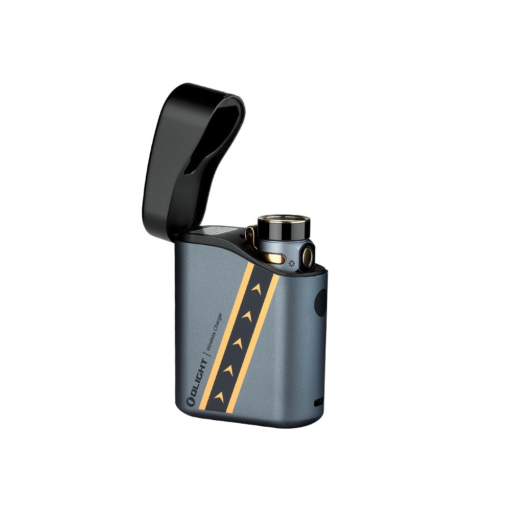 Olight Baton 4 Premium Fighter Pilot flashlight seated in its open wireless charging case