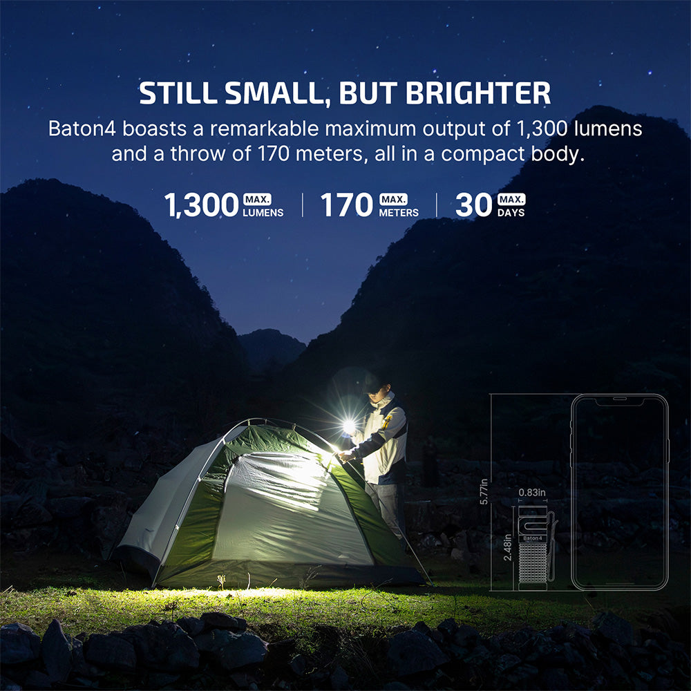 Olight Baton 4 Premium Guidance key specs – 1,300 lumens max output, 170 meter throw, 30 day max runtime