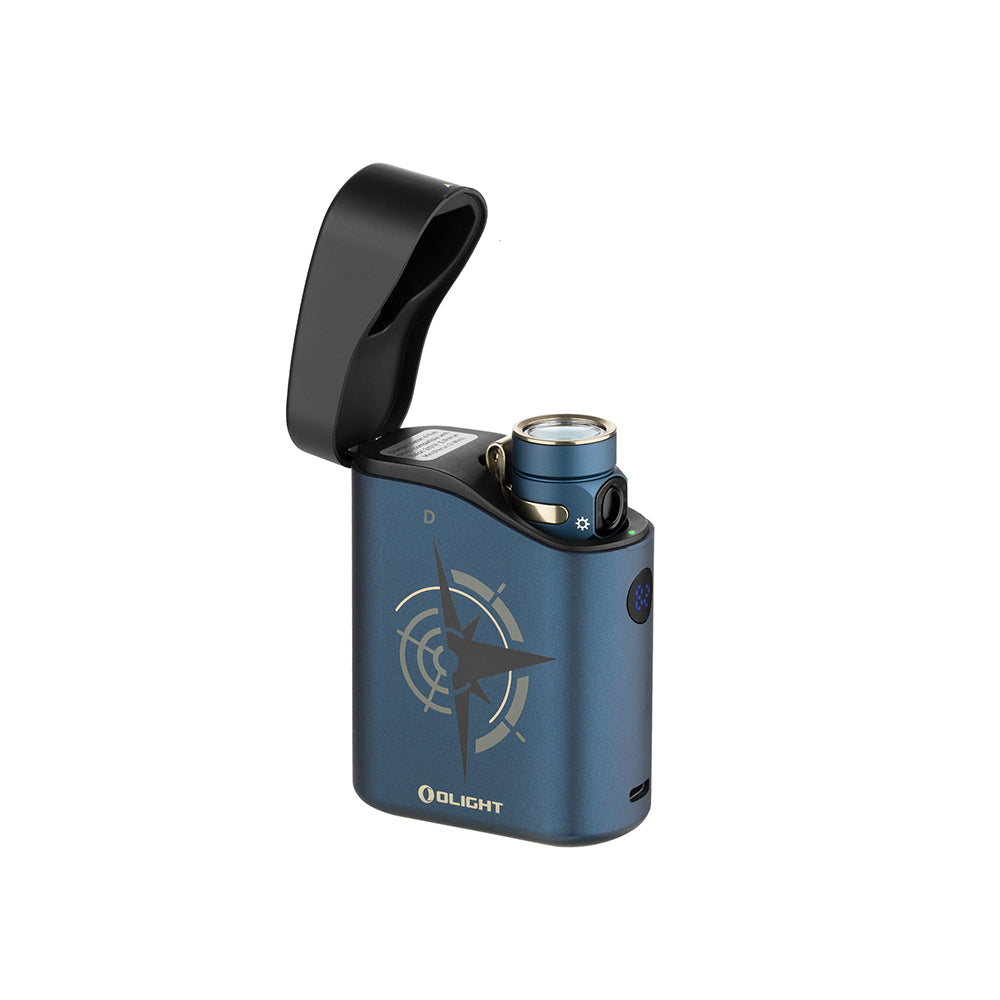 Olight Baton 4 Premium Guidance flashlight seated in its open wireless charging case