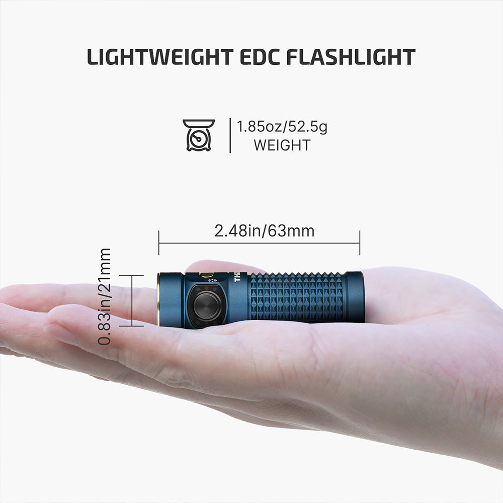 Olight Baton 4 Premium Guidance lightweight EDC flashlight – 1.85 oz / 52.5 g, 2.48 in / 63 mm long, shown in palm