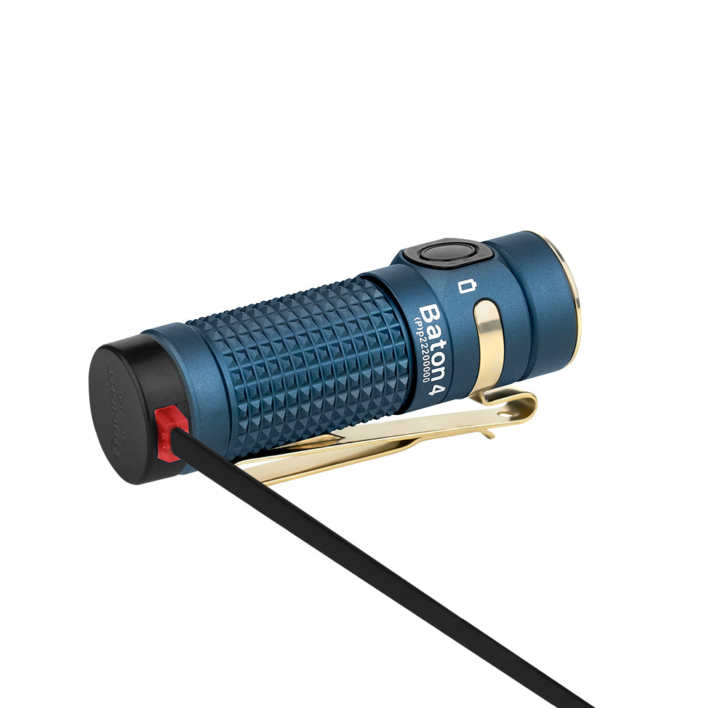 Olight Baton 4 Premium Guidance with MCC magnetic charging cable attached to the tailcap