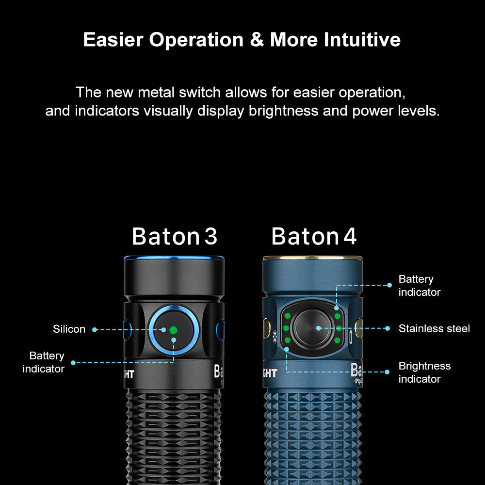 Olight Baton 4 metal switch compared to Baton 3, showing stainless steel switch, battery indicator and brightness indicator