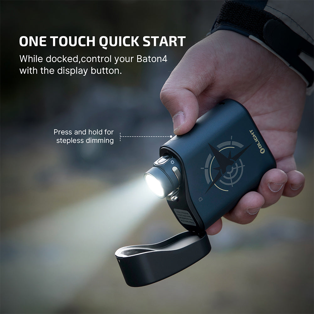 Olight Baton 4 Premium Guidance touch quick start – control the light from the charging case display button, press and hold for stepless dimming
