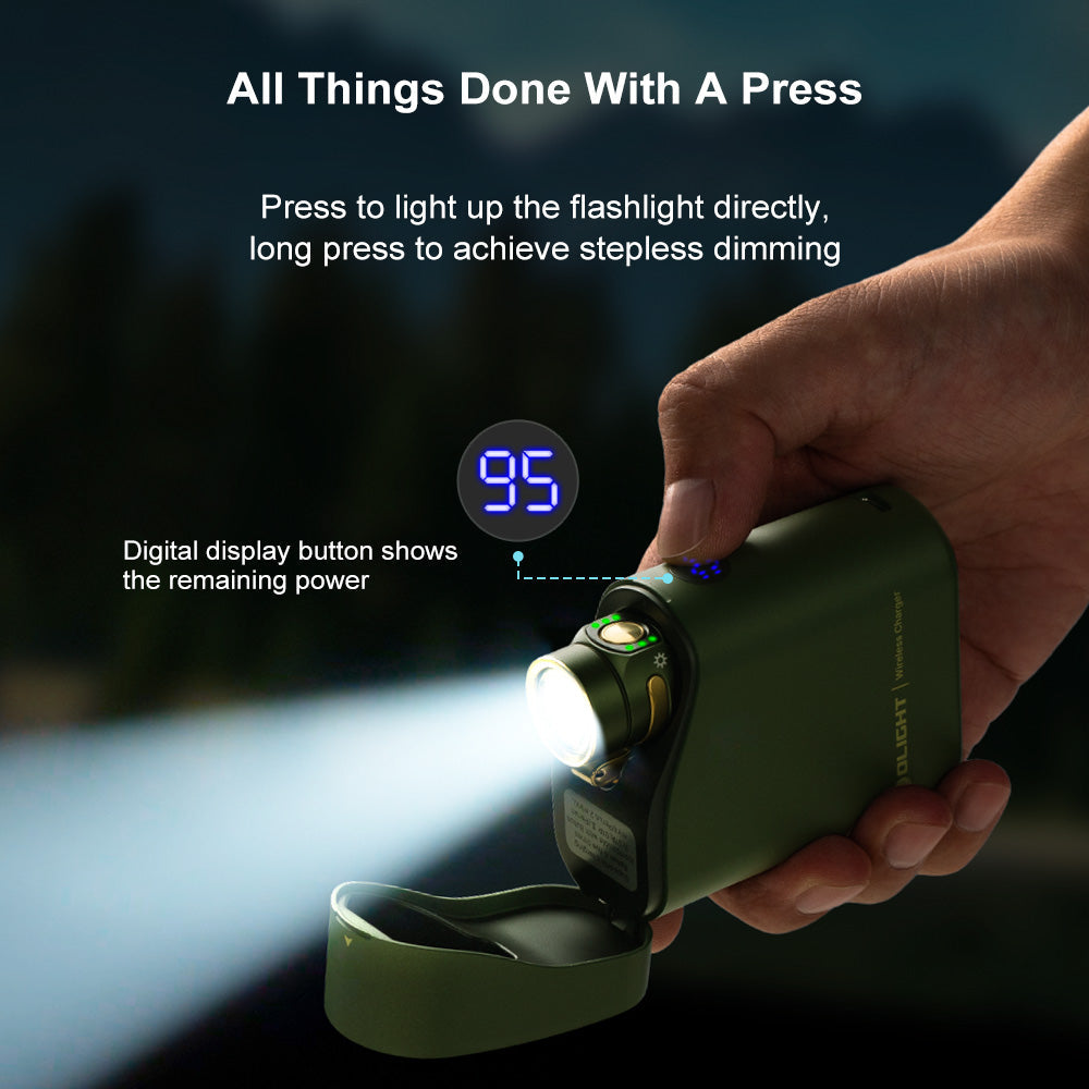 Olight Baton 4 Premium digital display button showing remaining power, with stepless dimming on long press