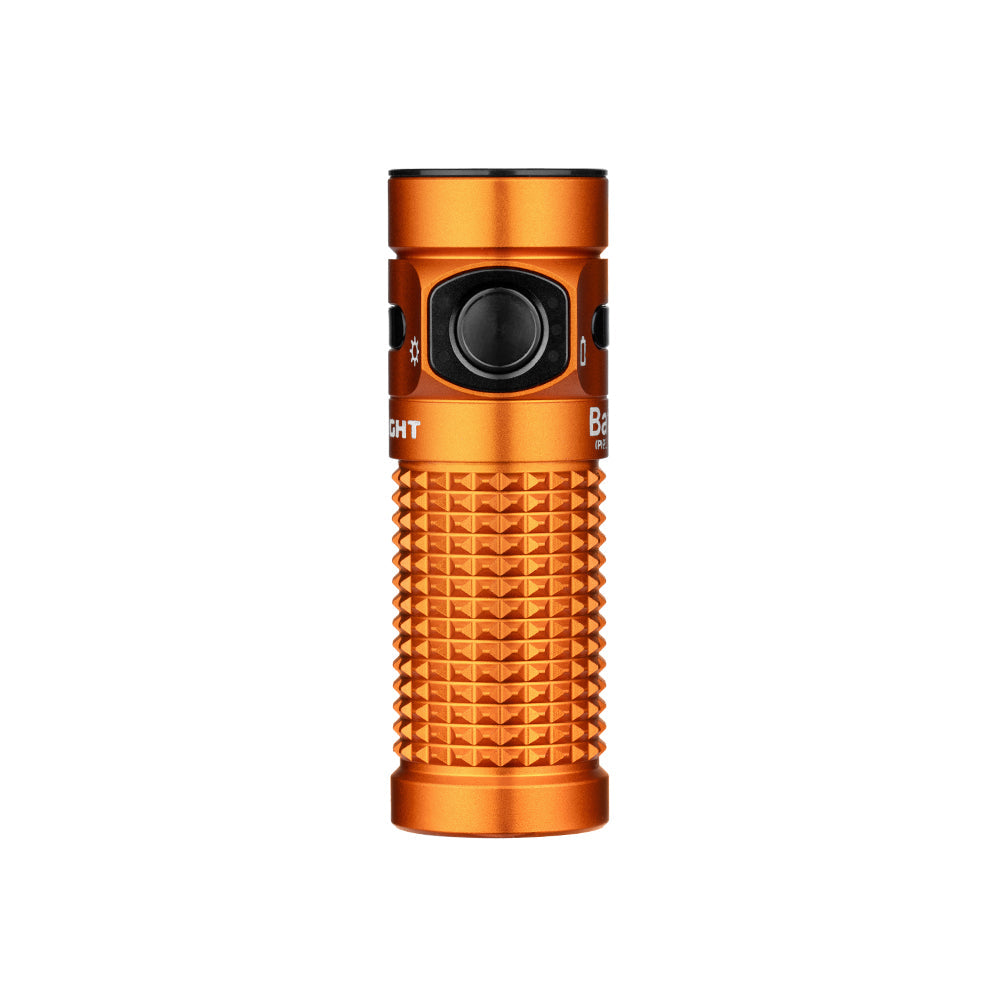 Olight Baton 4 Premium Orange front view – 1,300 lumen compact EDC flashlight with textured body