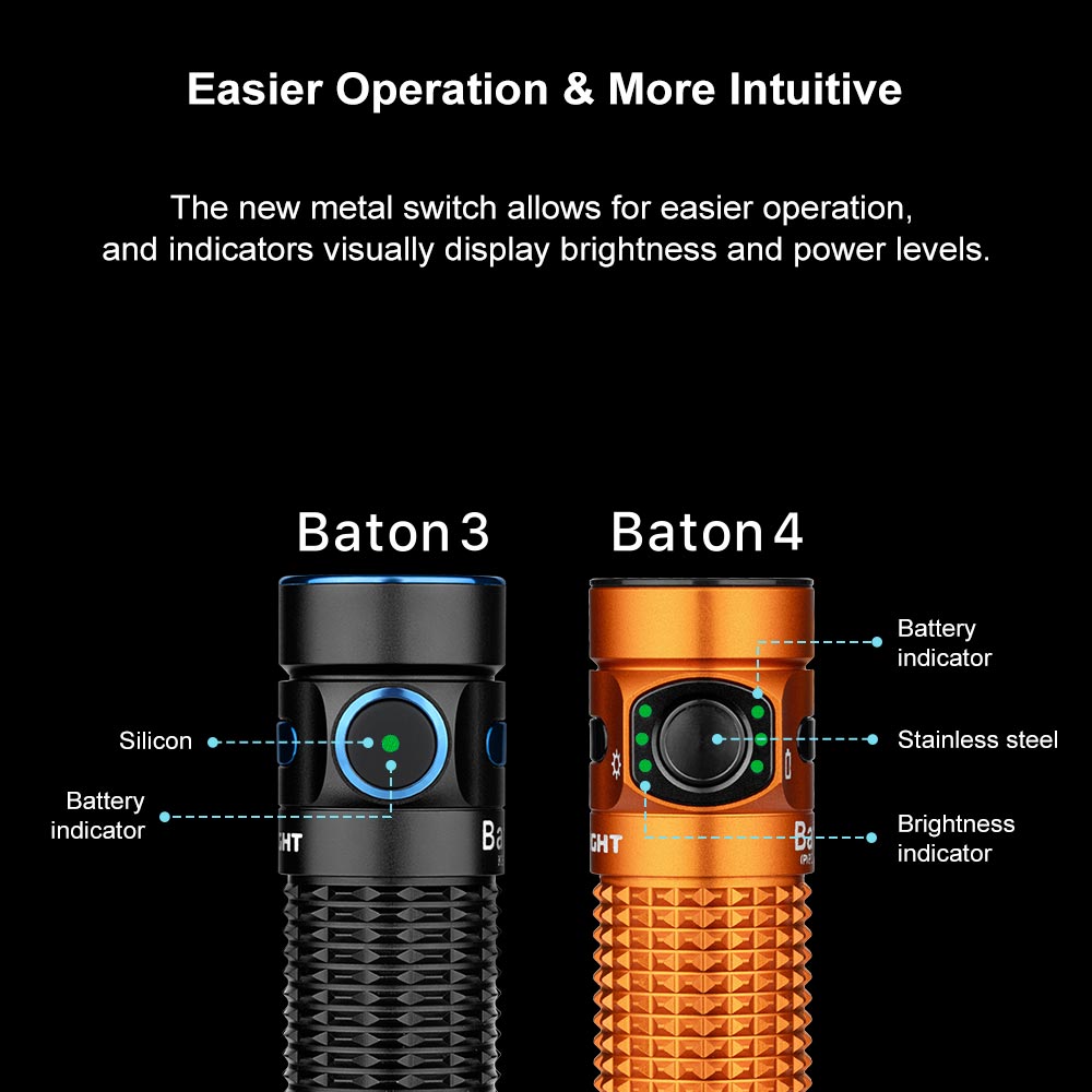 Olight Baton 4 Premium Orange metal switch compared to Baton 3, showing battery and brightness indicators