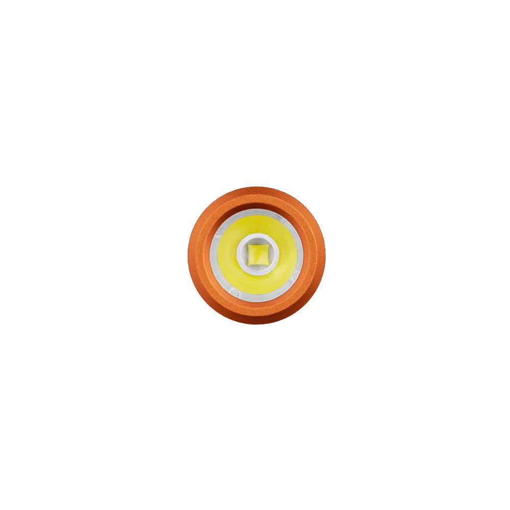 Olight i1R 2 Pro Capsule Orange LED emitter and TIR flood optic close-up detail