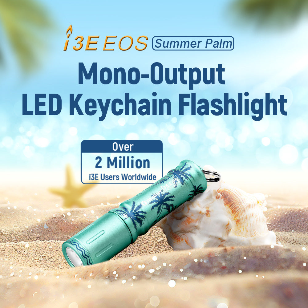 Olight i3E EOS Summer Palm side profile view showing the engraved palm pattern