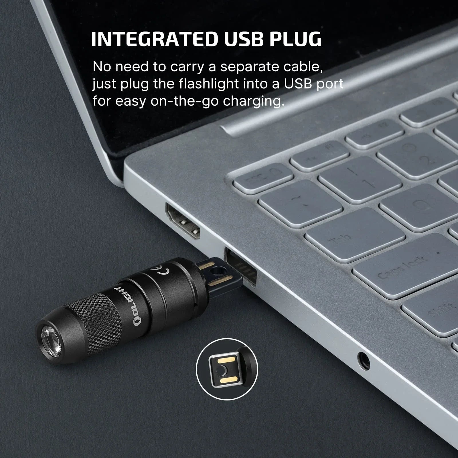 Olight imini 2 Black charging via its integrated USB plug on the magnetic cap