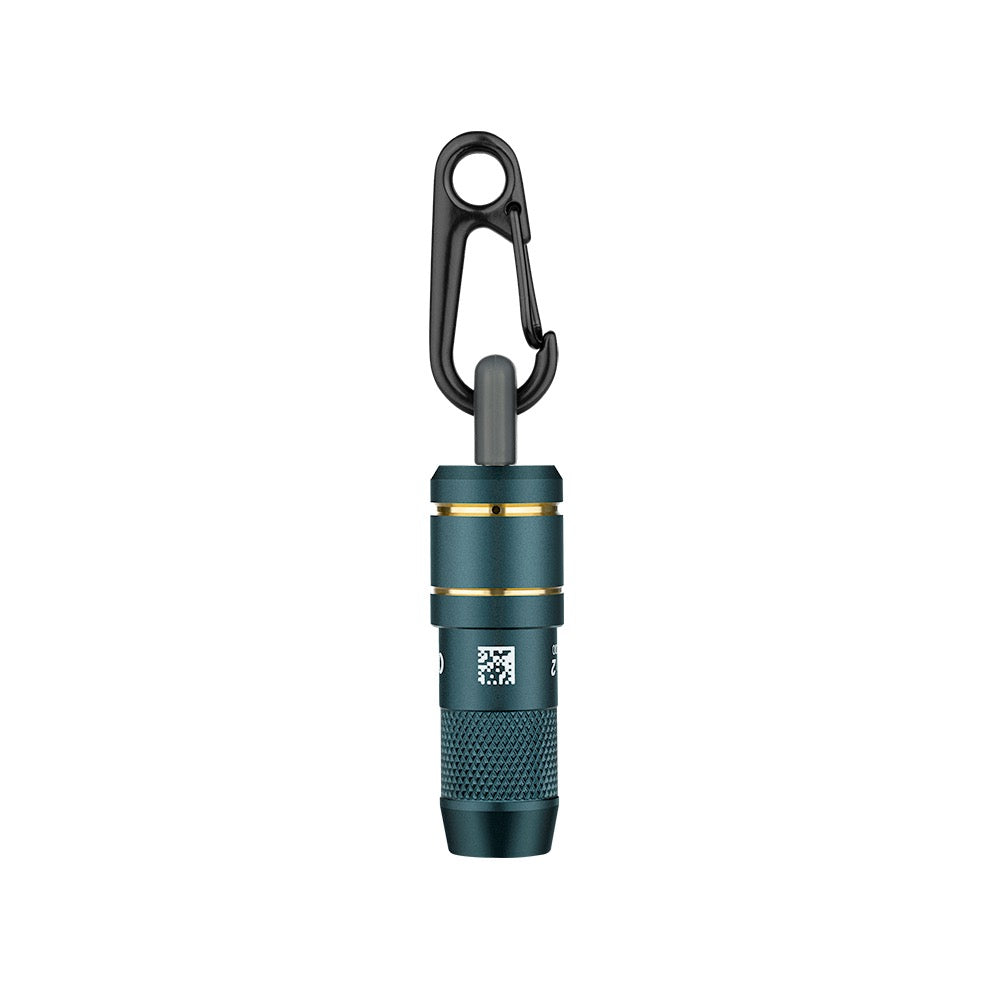 Olight imini 2 Dream Blue attached to a carabiner clip for keychain carry