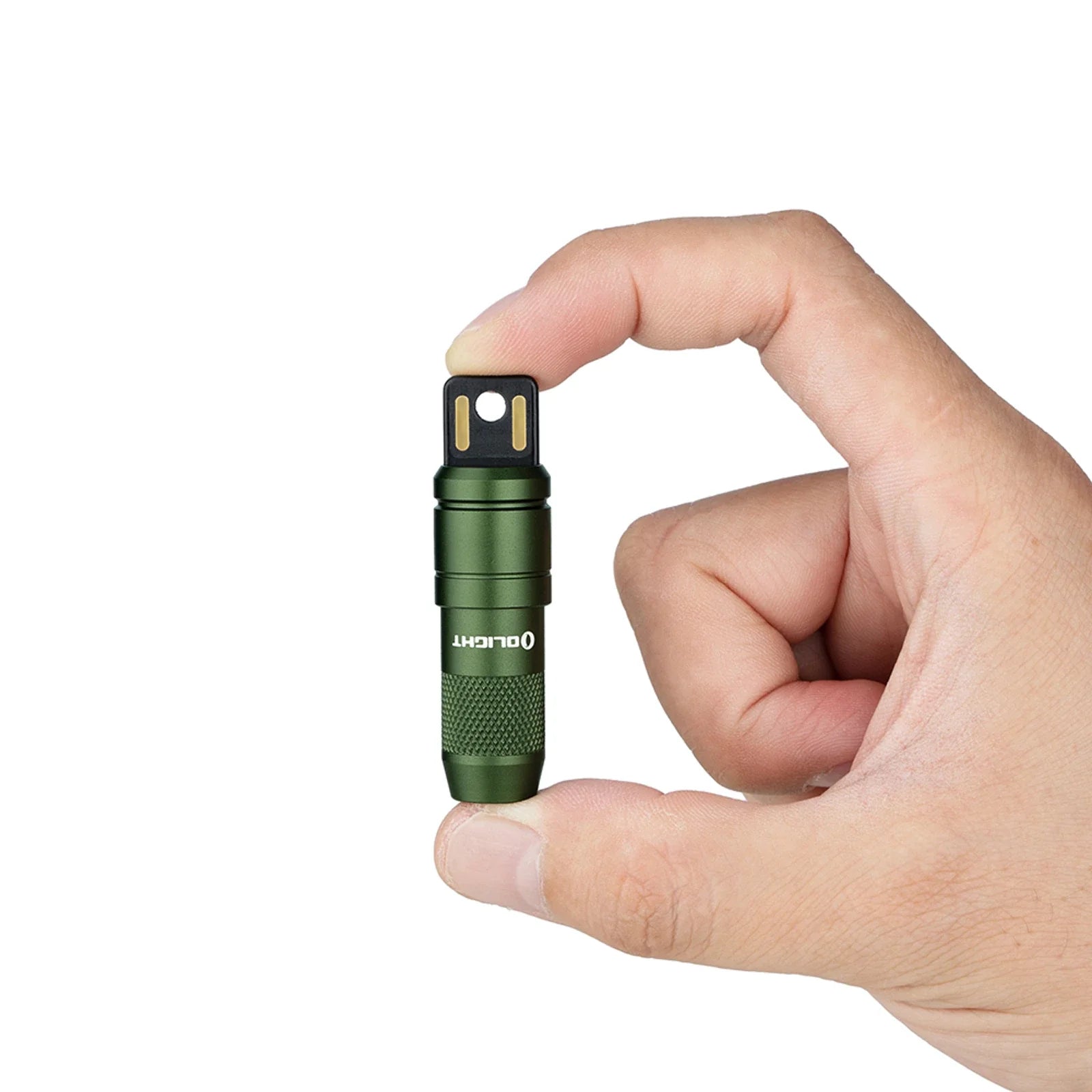 Olight imini 2 OD Green LED emitter and wide flood optic close-up detail