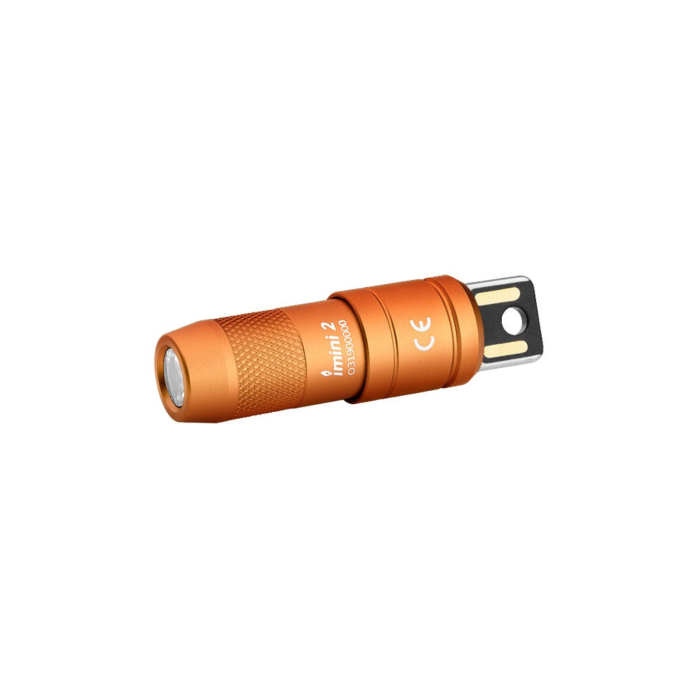 Olight imini 2 Orange angled view – 50 lumen mini keychain flashlight with integrated USB plug