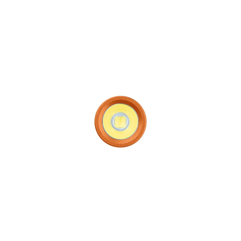 Olight imini 2 Orange LED emitter and wide flood optic close-up detail