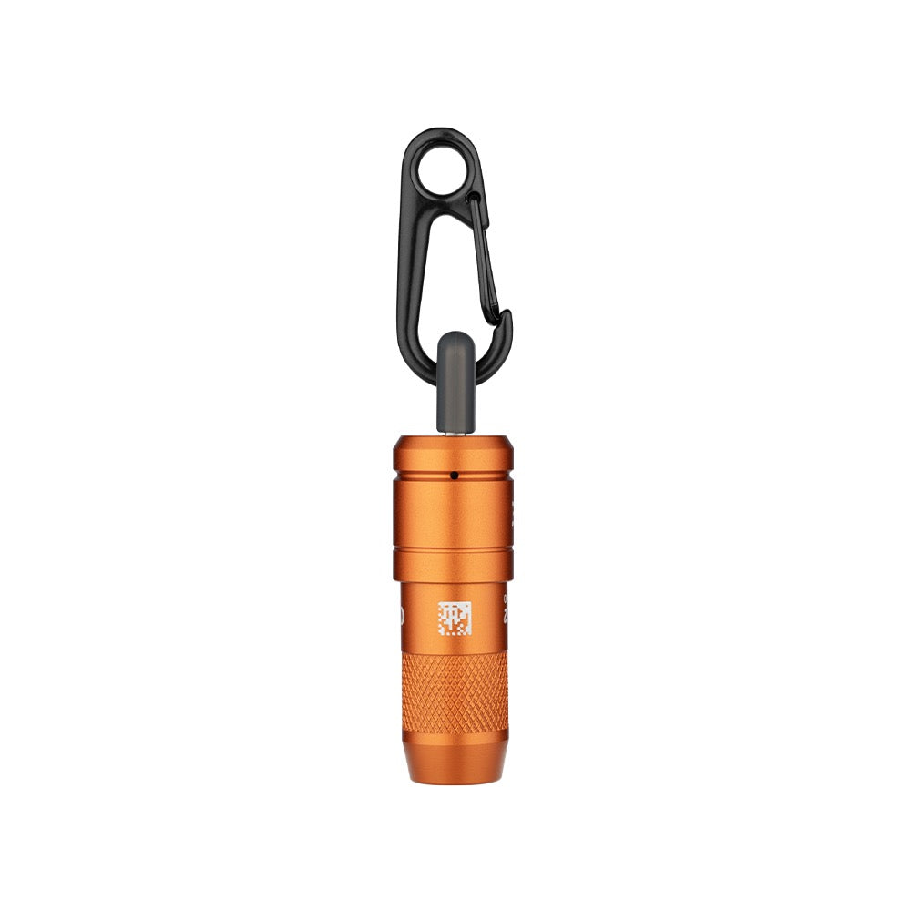 Olight imini 2 Orange attached to a carabiner clip for keychain carry