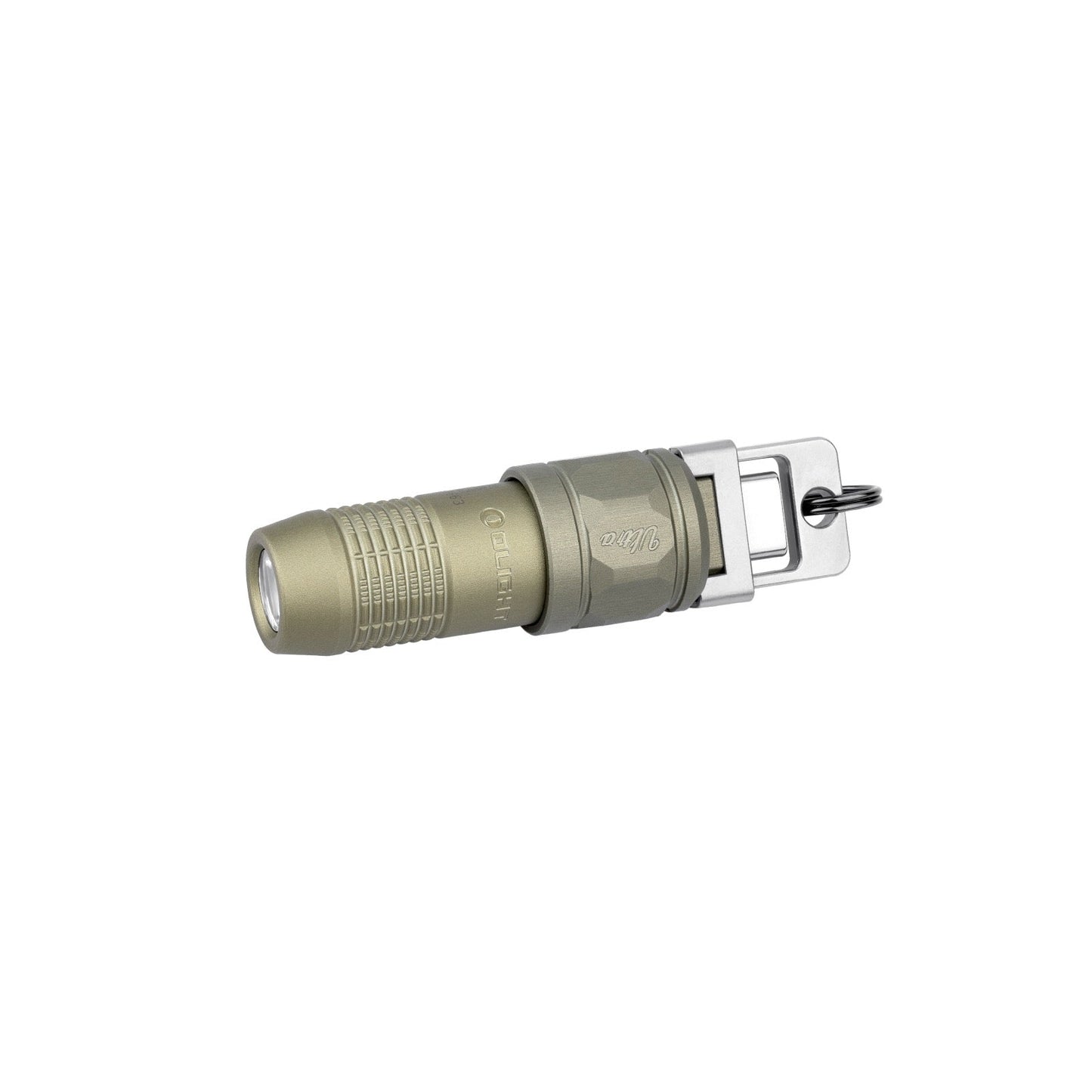 Olight iUltra Olive Green angled view – 80 lumen USB-C rechargeable keychain flashlight