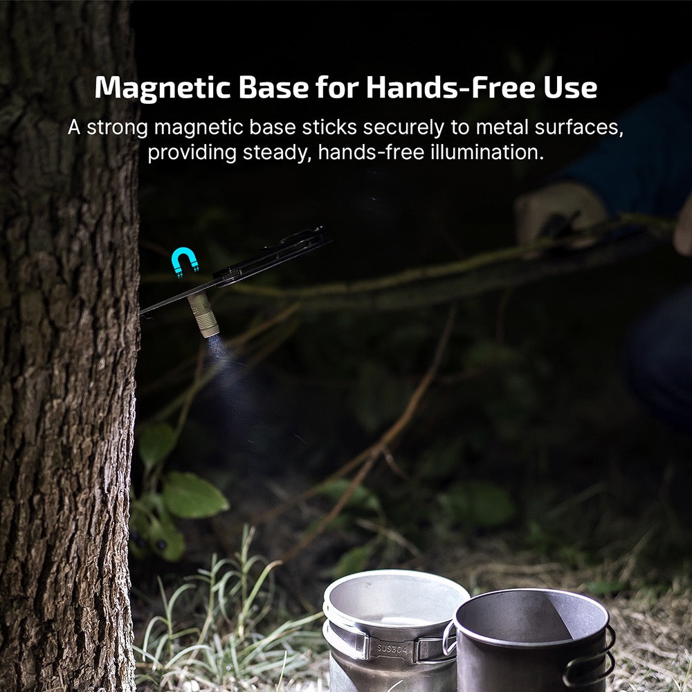 Olight iUltra magnetic base for hands-free use – sticks securely to metal surfaces