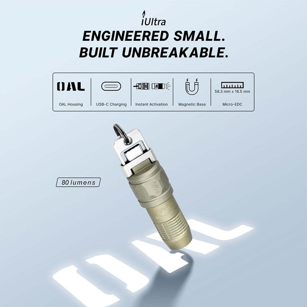 Olight iUltra engineered small and built unbreakable – exclusive OAL aluminum, 1.73x harder than 6061