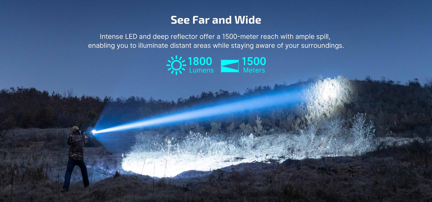 Olight Javelot Turbo 2 see far and wide – long-range beam projecting across an open outdoor scene