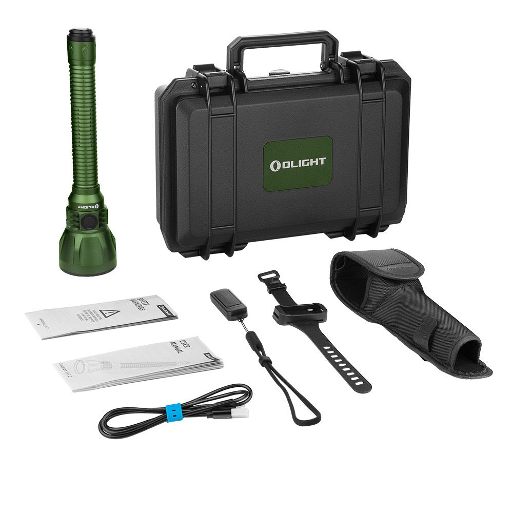 Olight Javelot Turbo 2 OD Green with hard carry case, holster, charging cable, lanyard and user manual
