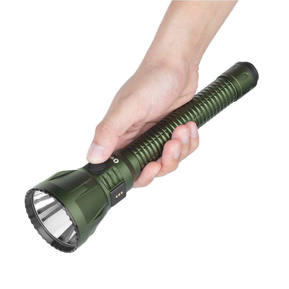 Olight Javelot Turbo 2 OD Green held in hand showing its full size and grip