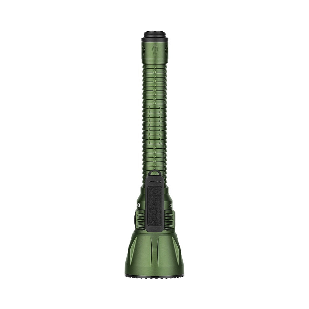 Olight Javelot Turbo 2 OD Green rear view showing the tail switch and knurled body
