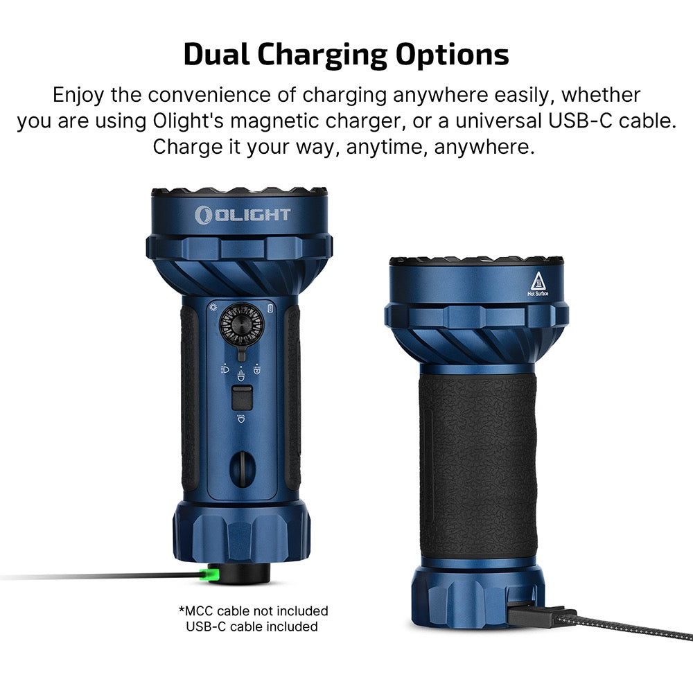Olight Marauder Mini 2 dual charging options – Olight magnetic charger or a universal USB-C cable
