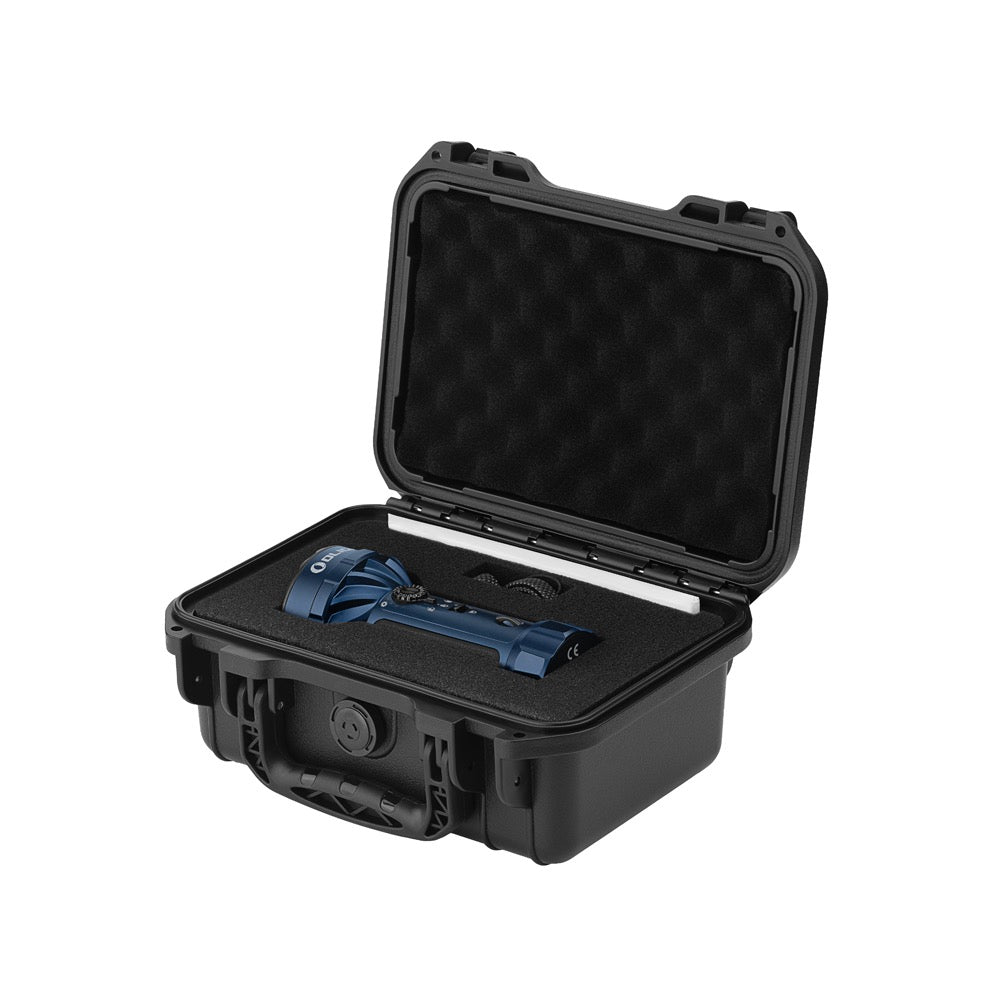 Olight Marauder Mini 2 Midnight Blue shown inside its foam-lined hard carry case