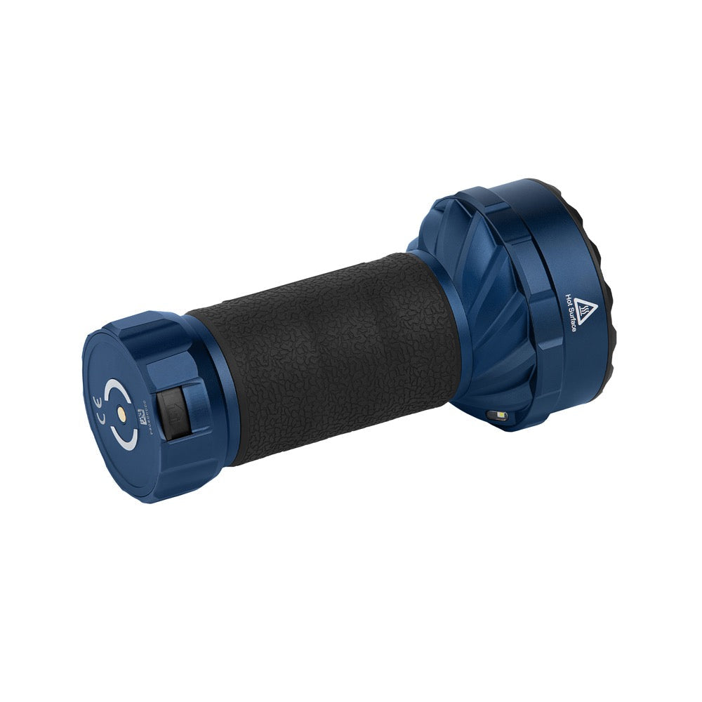 Olight Marauder Mini 2 Midnight Blue horizontal side view showing the body and switch