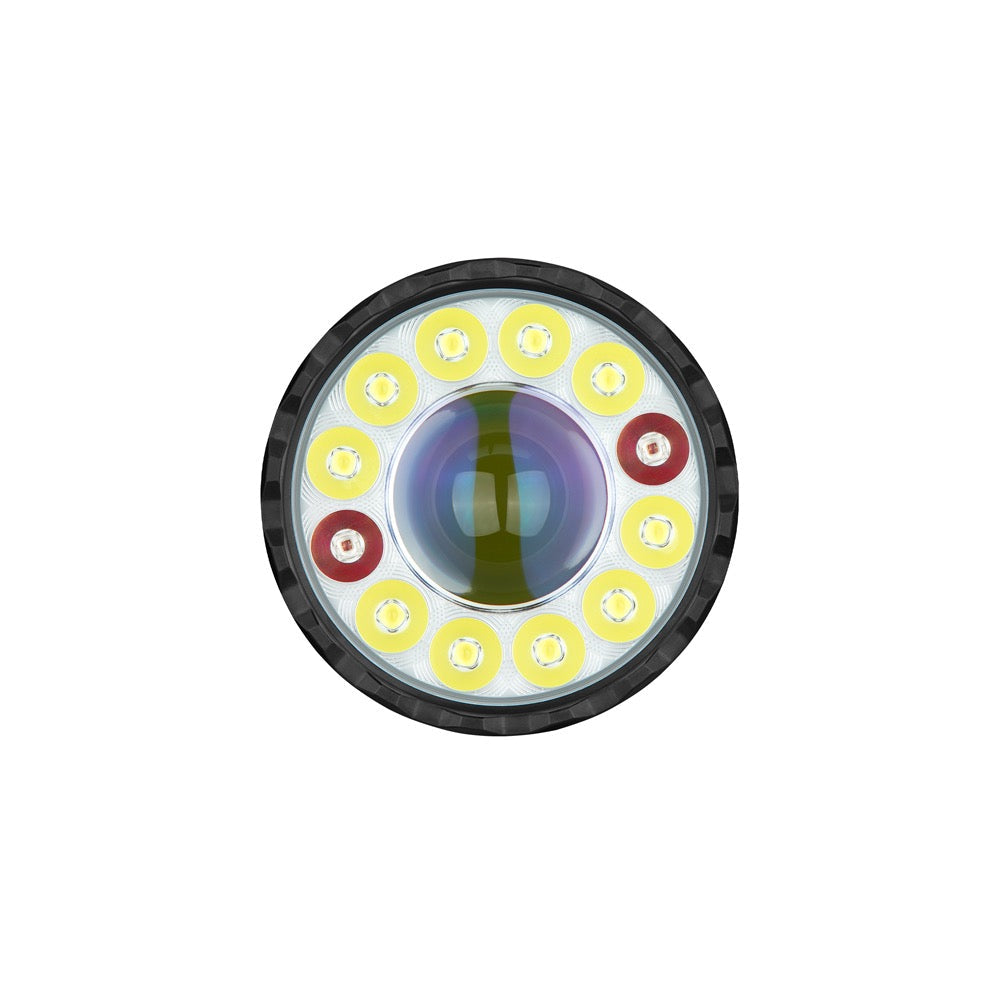 Olight Marauder Mini 2 Midnight Blue LED array close-up showing the flood LEDs, central spotlight and RGB emitters
