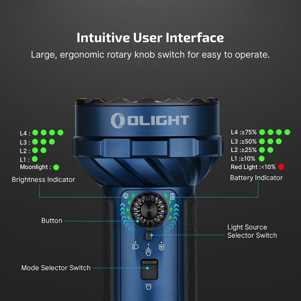 Olight Marauder Mini 2 intuitive user interface – large ergonomic rotary knob switch with brightness and battery indicators