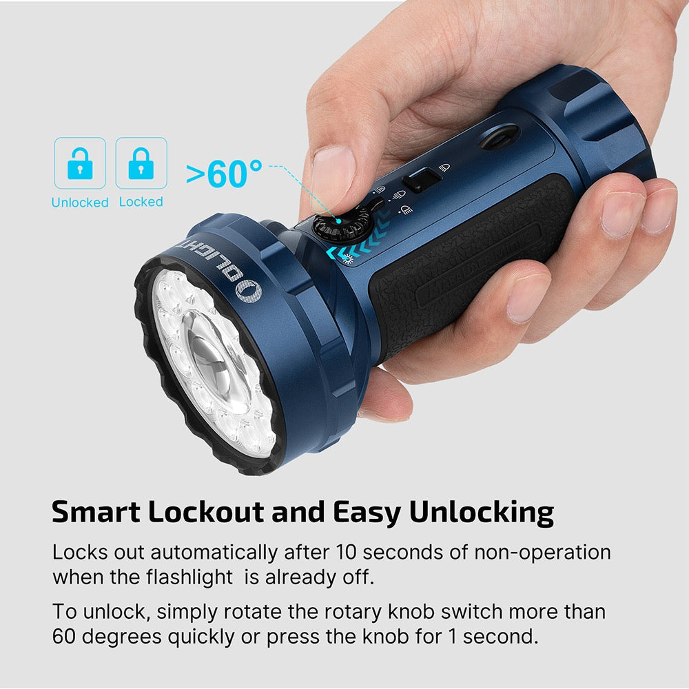 Olight Marauder Mini 2 Midnight Blue smart lockout – locks out after 10 seconds, unlock by rotating the knob more than 60 degrees