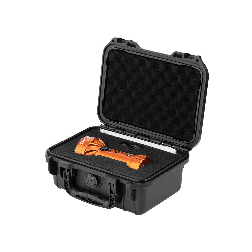 Olight Marauder Mini 2 Orange shown inside its foam-lined hard carry case