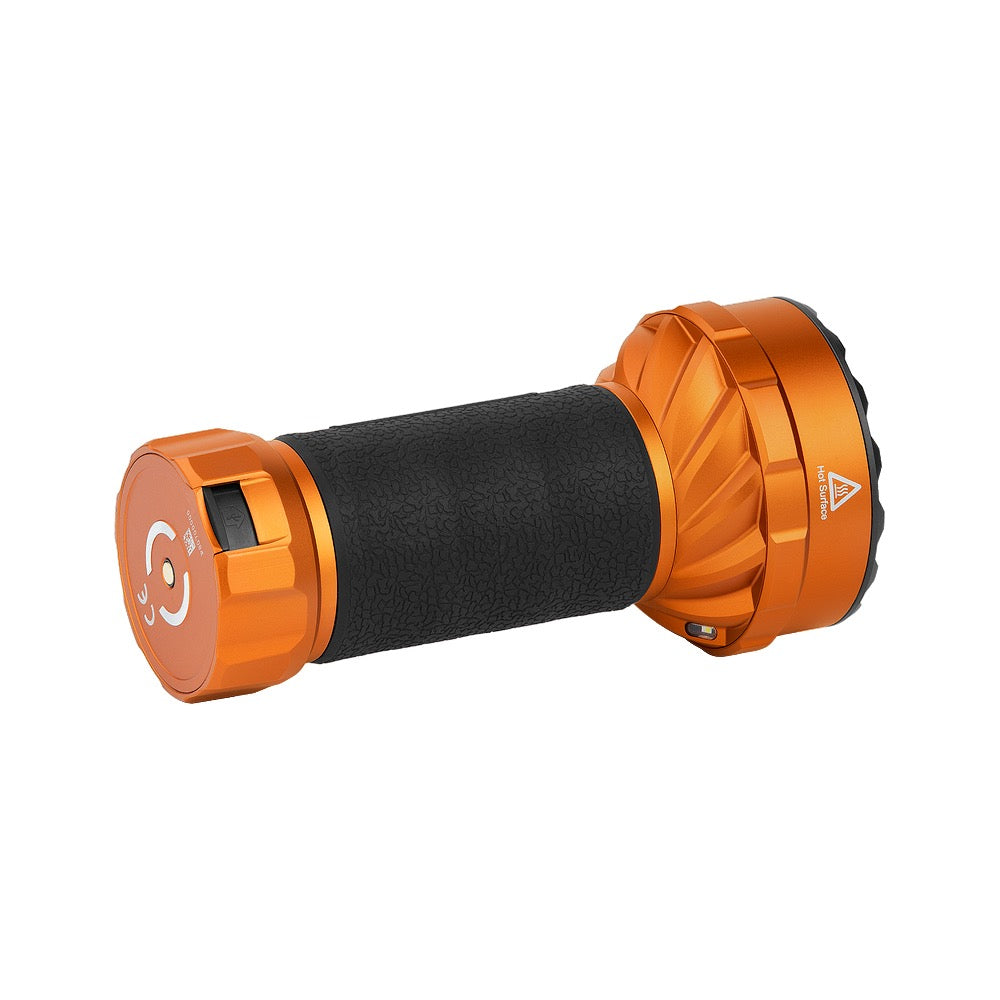 Olight Marauder Mini 2 Orange horizontal side view showing the body and switch