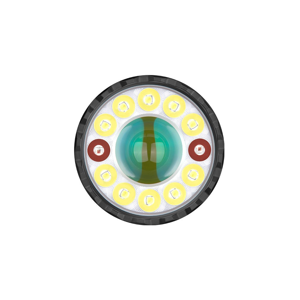 Olight Marauder Mini 2 Orange LED array close-up showing the flood LEDs, central spotlight and RGB emitters