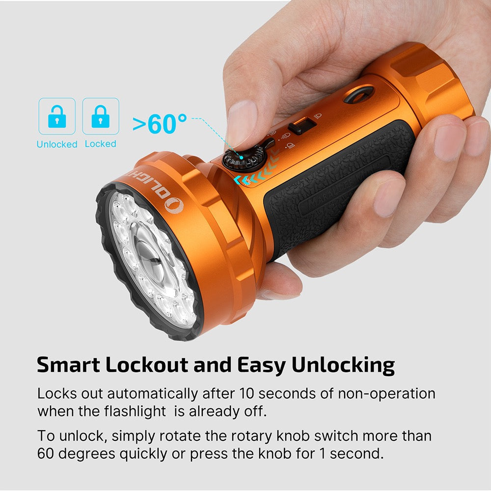 Olight Marauder Mini 2 Orange smart lockout – locks out after 10 seconds of non-operation, unlock by rotating the knob more than 60 degrees