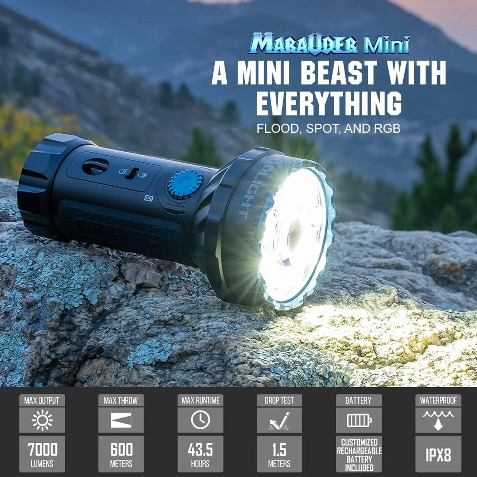 Olight Marauder Mini specifications – 7,000 lumens, 600 meter throw, 43.5 hour max runtime, IPX8 rated
