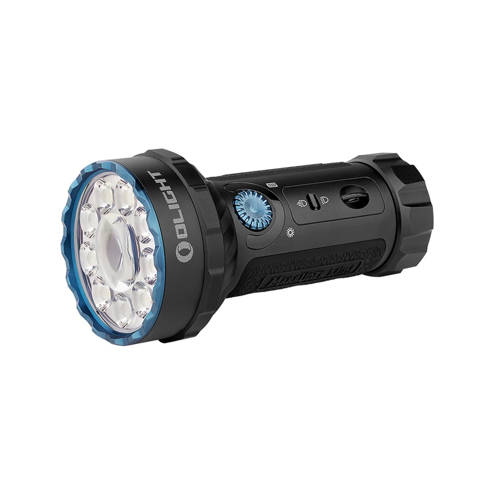 Olight Marauder Mini Black angled view showing the LED array and cooling fins