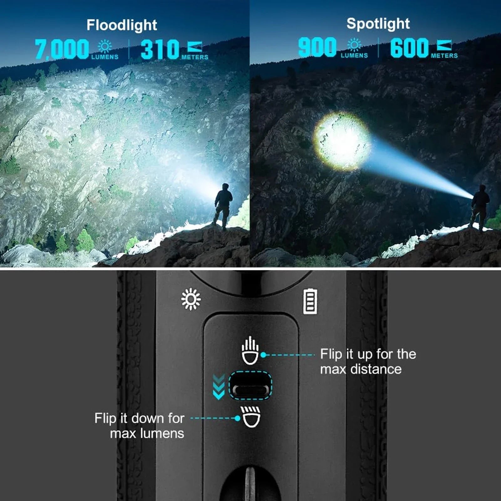 Olight Marauder Mini floodlight and spotlight comparison – flip the toggle down for max lumens or up for max distance