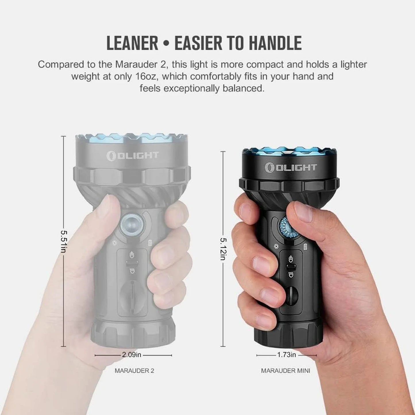 Olight Marauder Mini Black held in hand showing its compact searchlight size
