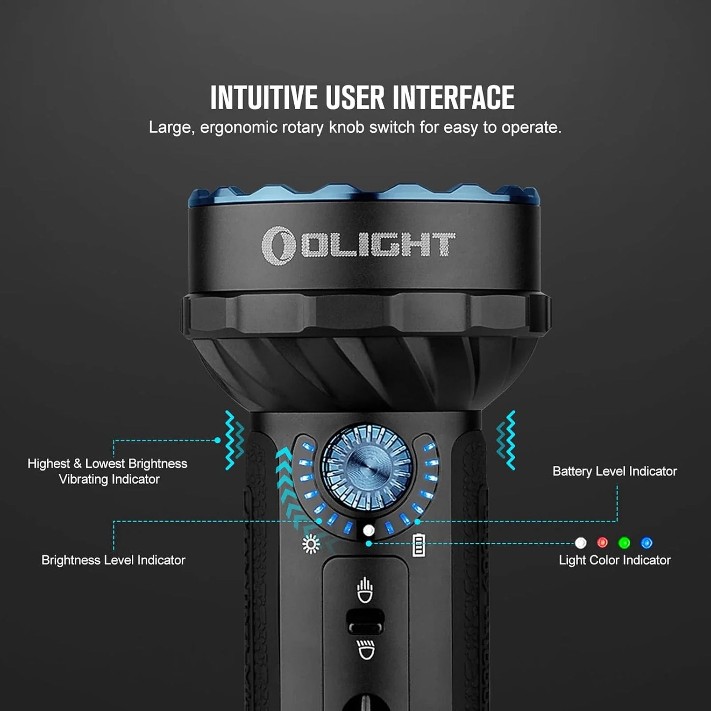 Olight Marauder Mini intuitive rotary knob interface with brightness and battery level indicators