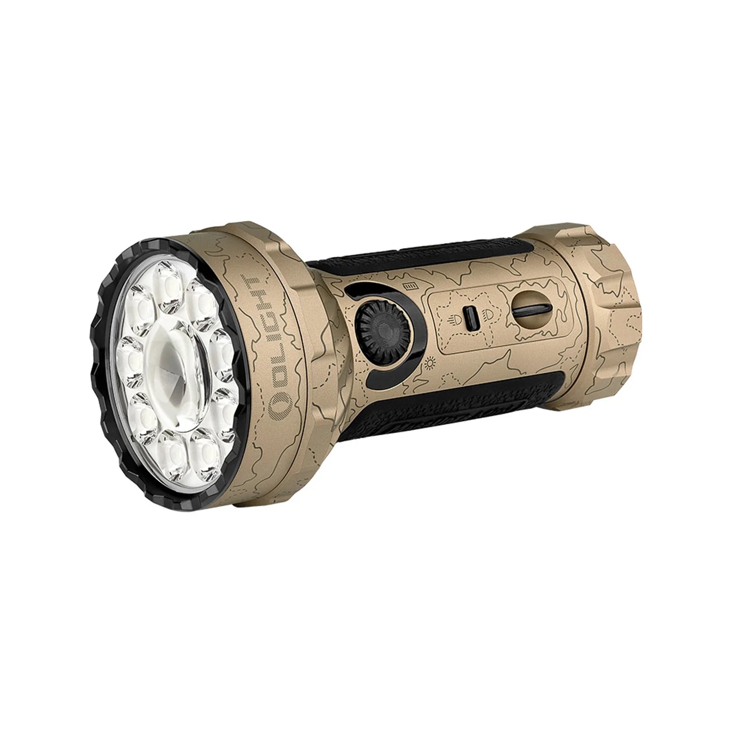 Olight Marauder Mini Desert Terrain angled view showing the LED array and cooling fins