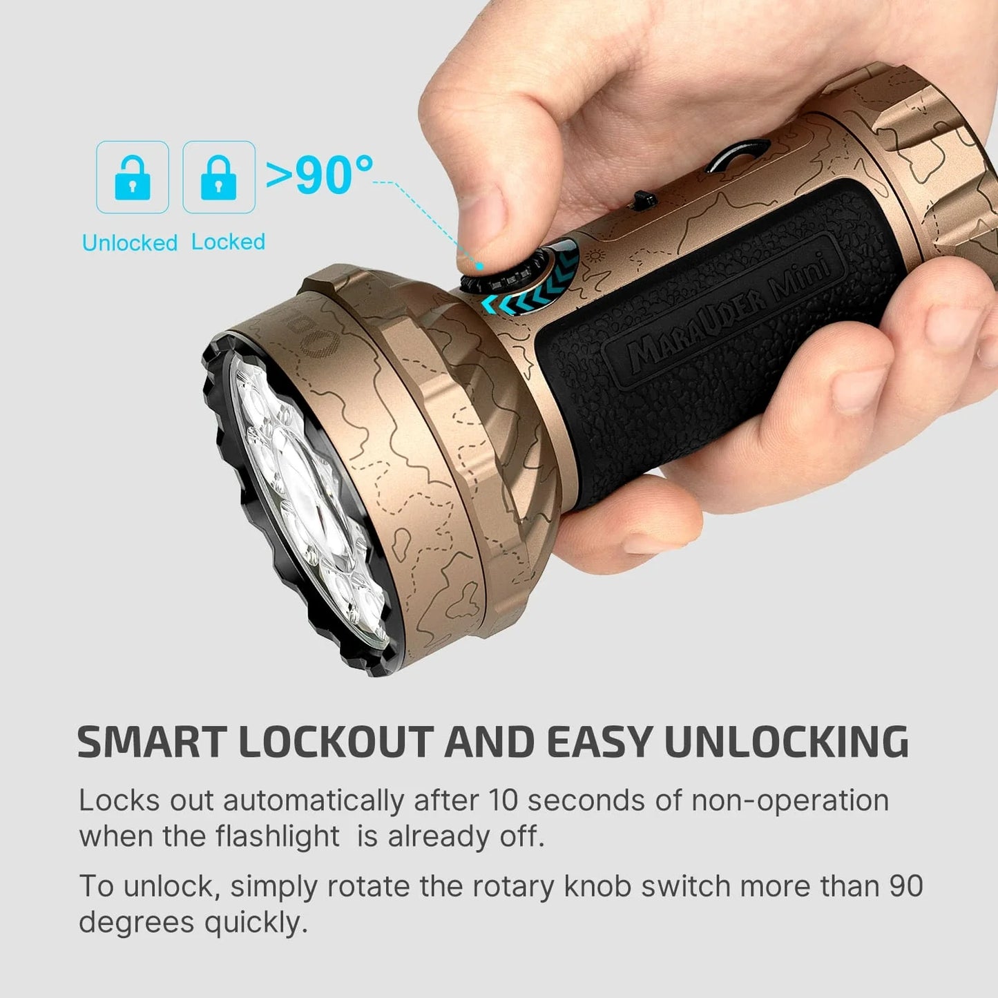 Olight Marauder Mini Desert Terrain rear view showing the tailcap and lanyard attachment
