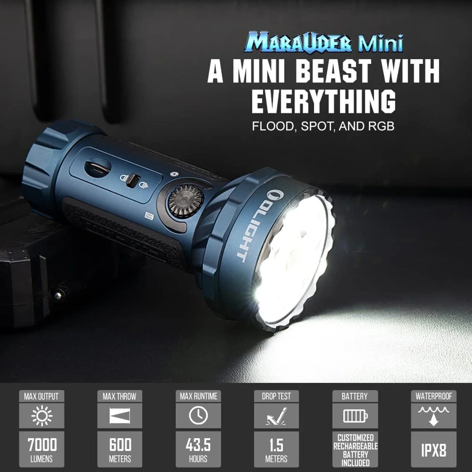 Olight Marauder Mini specifications – 7,000 lumens, 600 meter throw, 43.5 hour max runtime, IPX8 rated