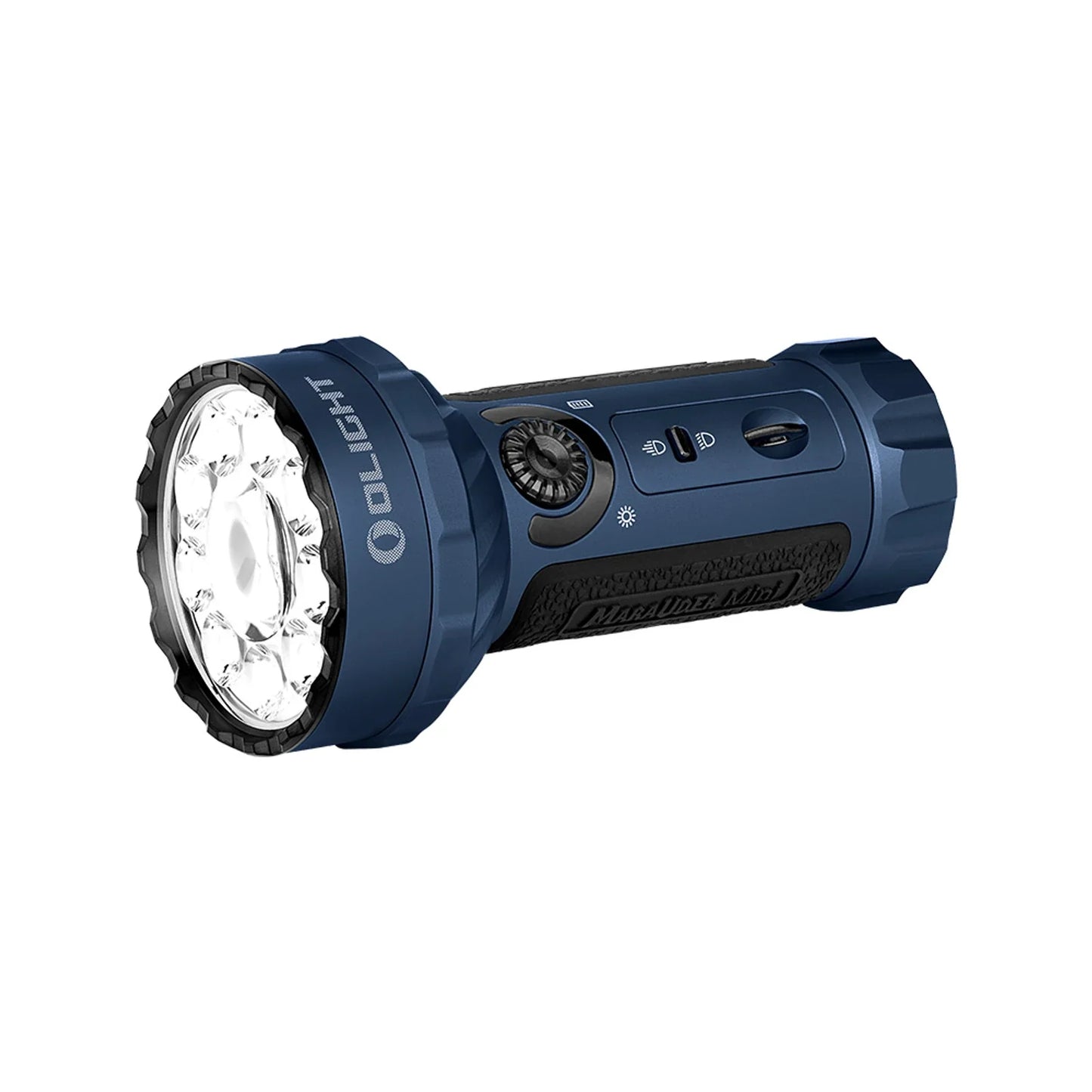 Olight Marauder Mini Midnight Blue angled view showing the LED array and cooling fins