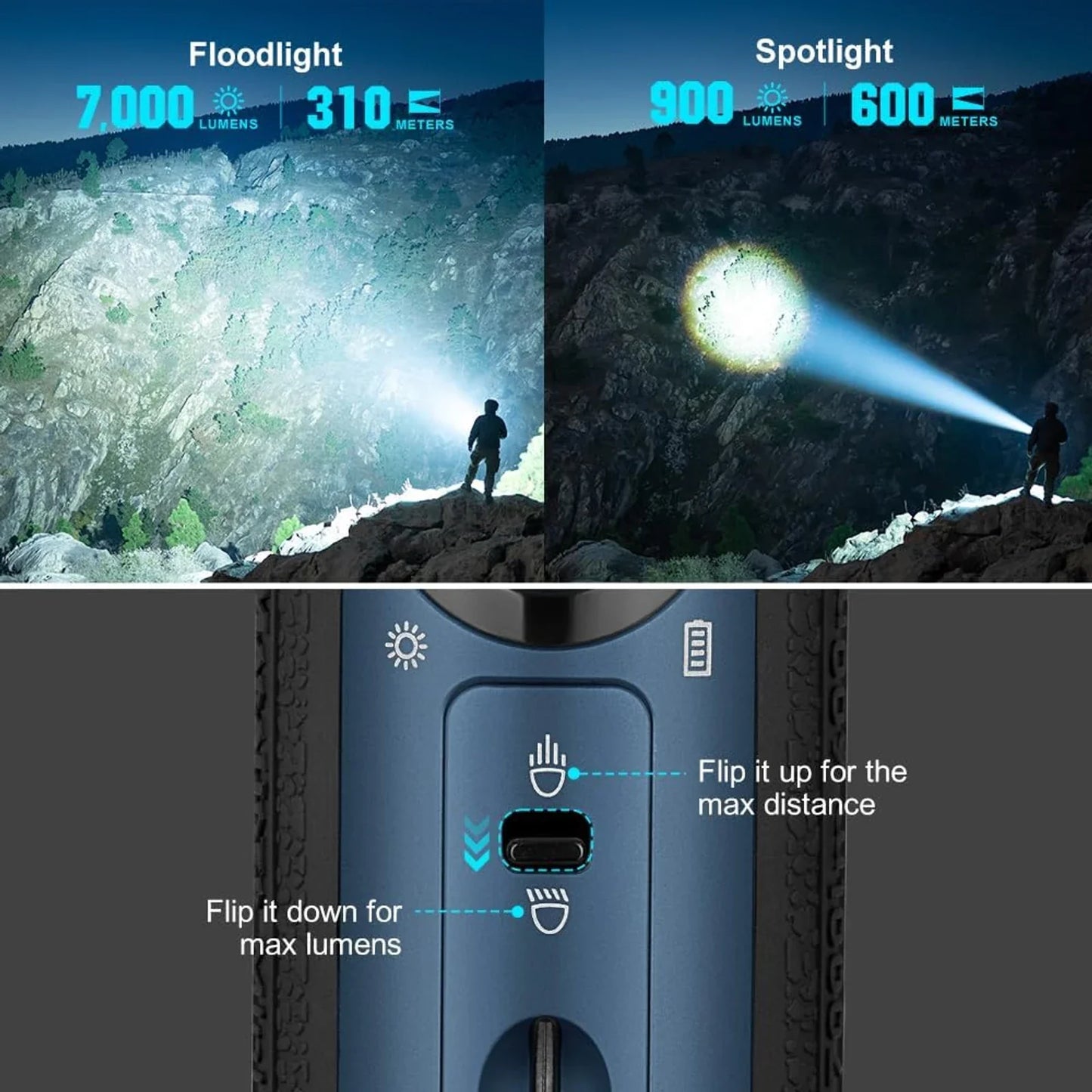 Olight Marauder Mini floodlight and spotlight comparison – flip the toggle down for max lumens or up for max distance