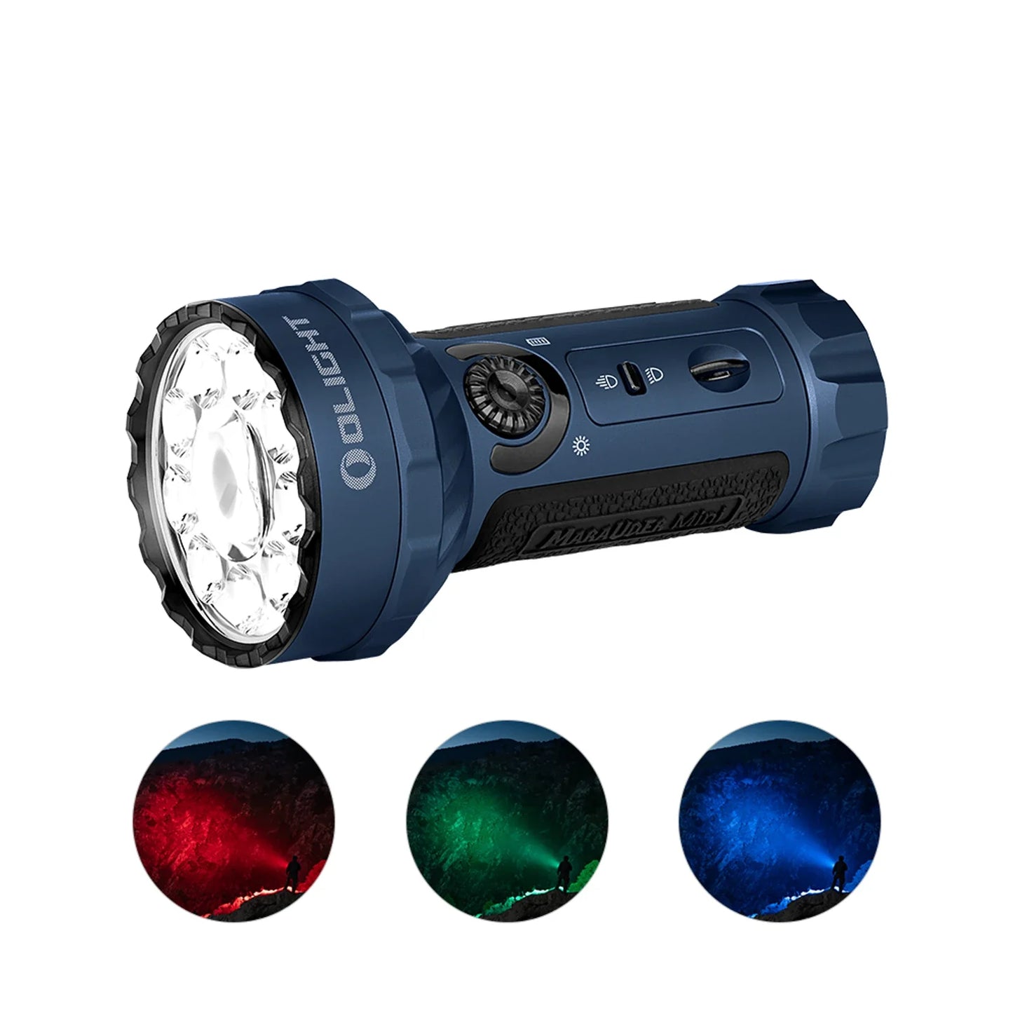 Olight Marauder Mini Midnight Blue front view showing the 9 flood LEDs and central spotlight