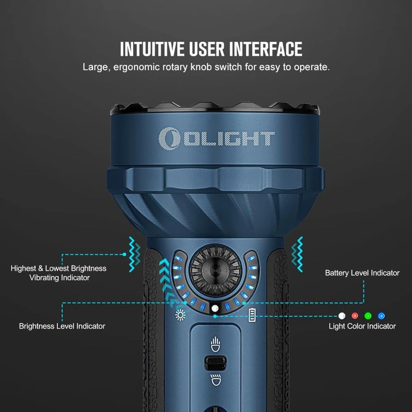 Olight Marauder Mini intuitive rotary knob interface with brightness and battery level indicators