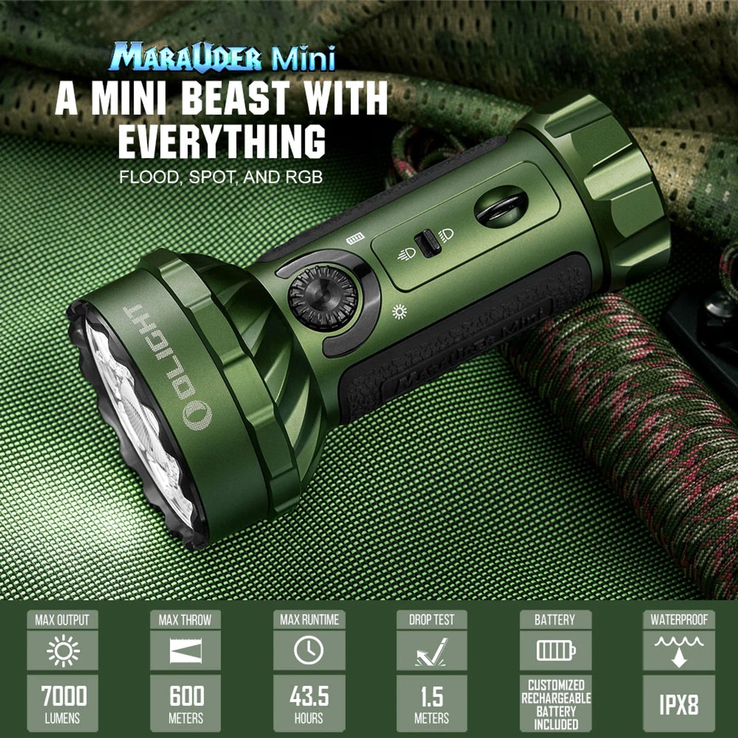 Olight Marauder Mini OD Green angled view showing the LED array and cooling fins
