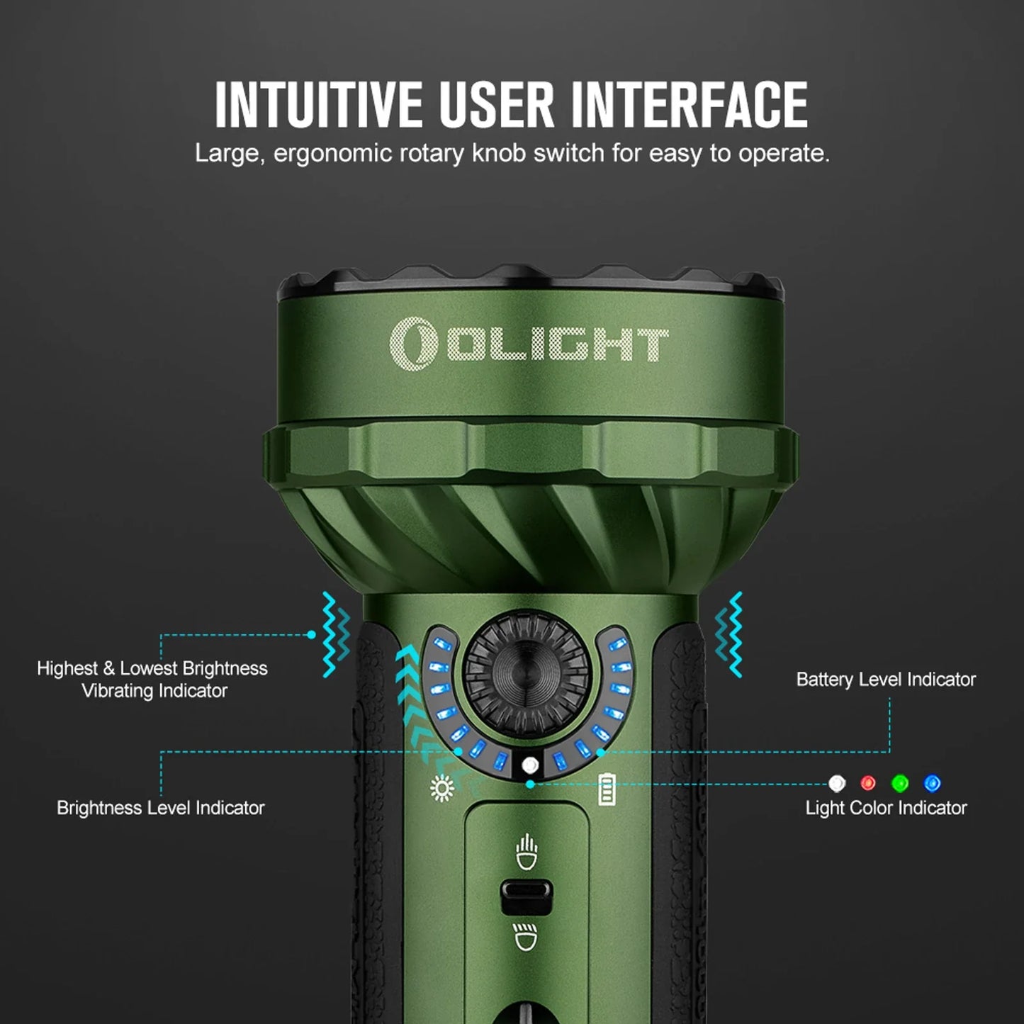 Olight Marauder Mini OD Green rear view showing the tailcap and lanyard attachment